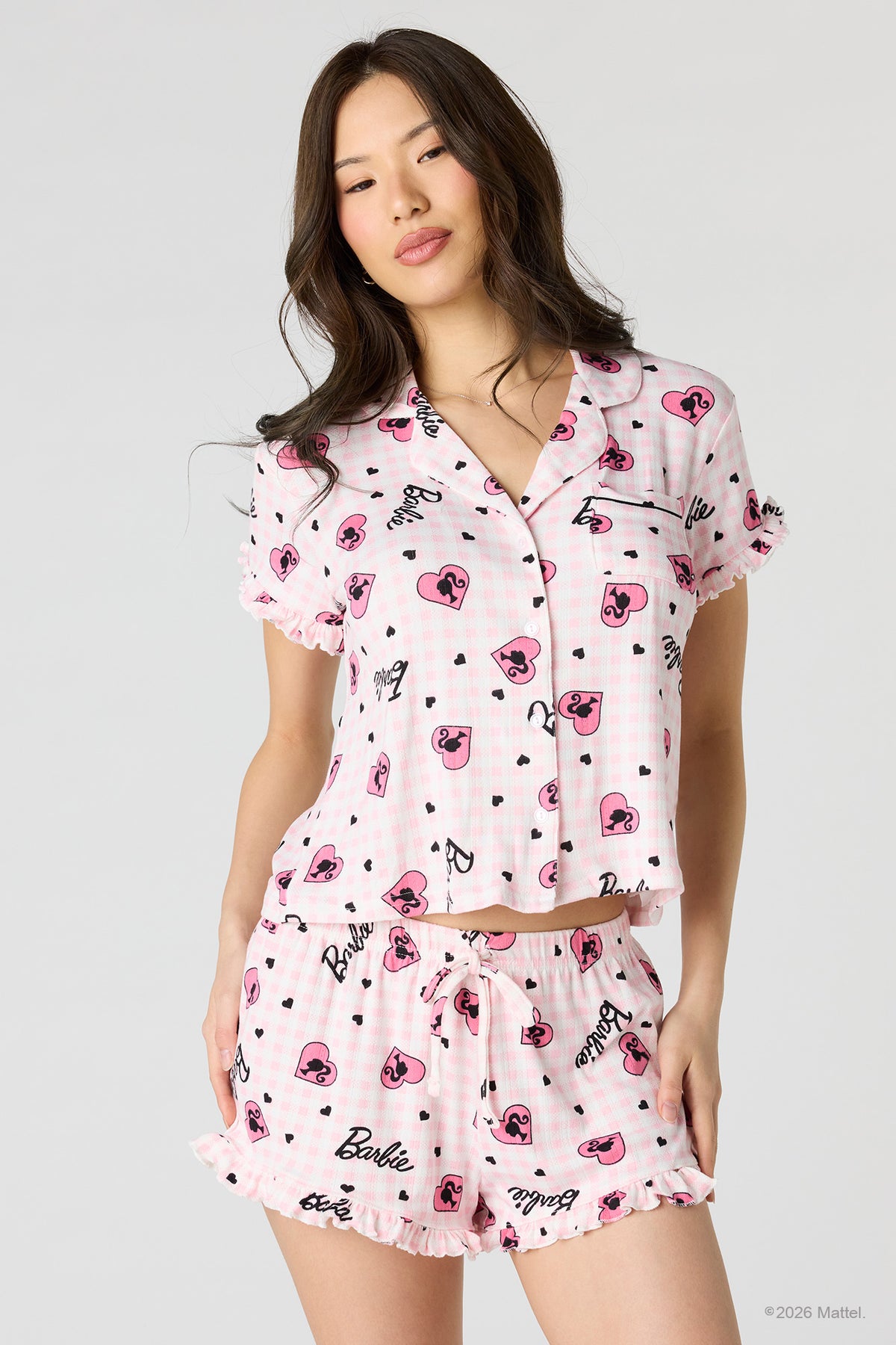 Barbie™ Pointelle Button-Up Top & Short Pajama Set - Light Pink
