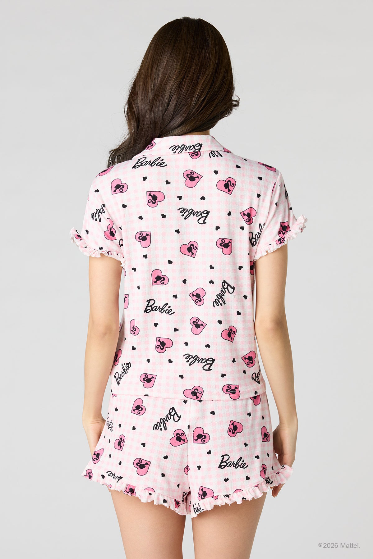 Alt View 2. Barbie™ Pointelle Button-Up Top & Short Pajama Set - Light Pink