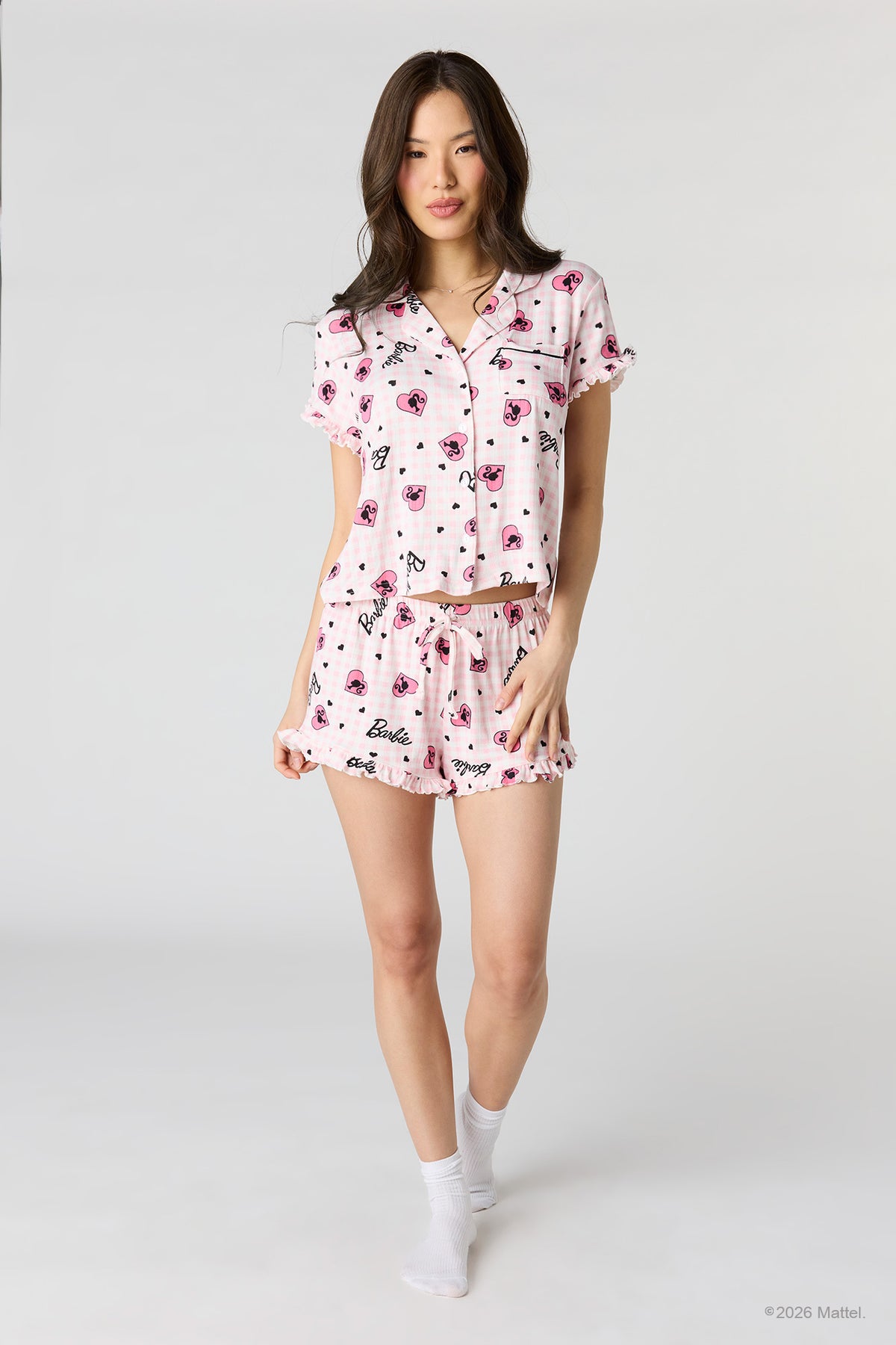 Alt View 3. Barbie™ Pointelle Button-Up Top & Short Pajama Set - Light Pink