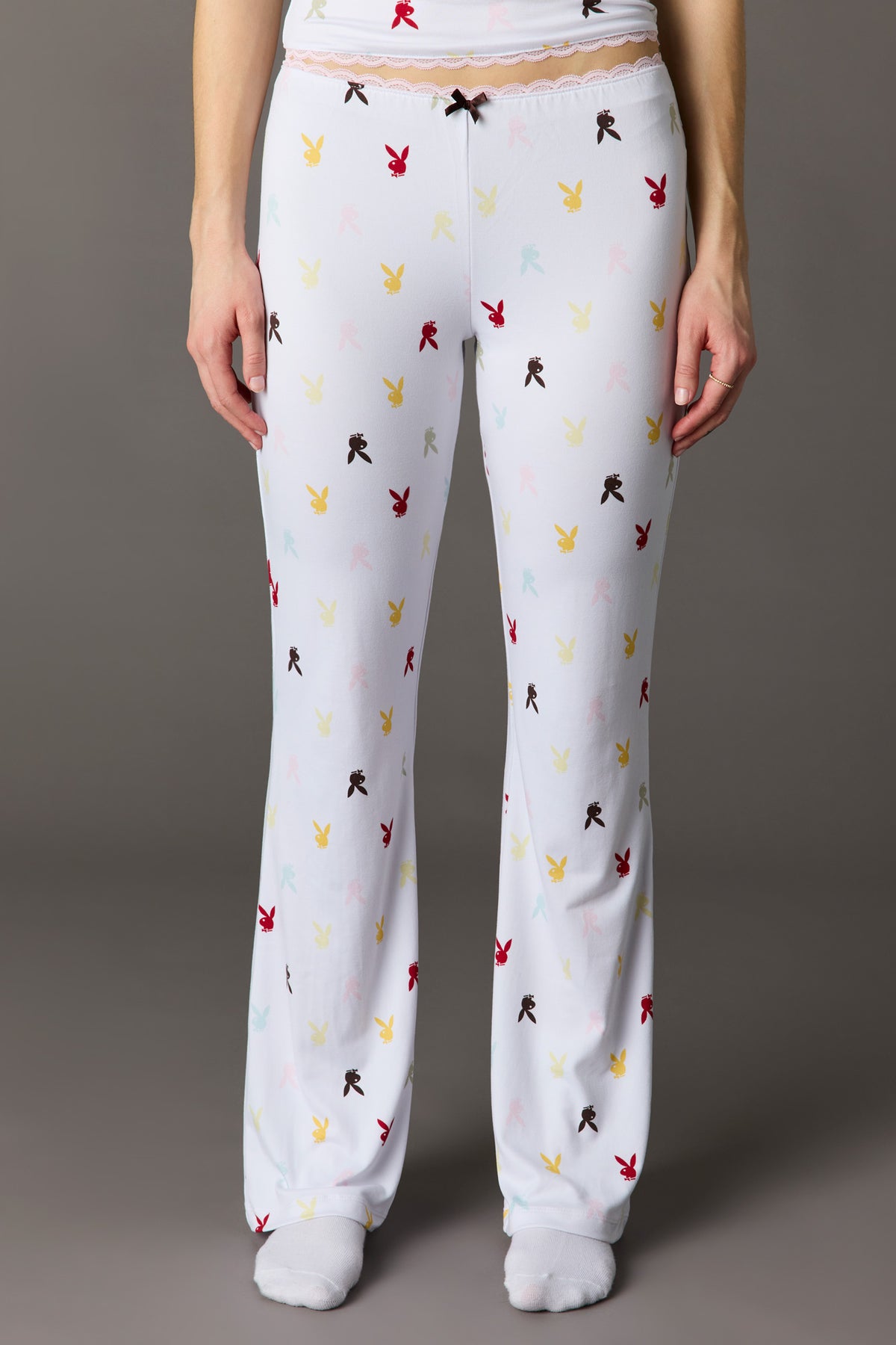 Alt View 3. Playboy Lace Trim T-Shirt & Pant Pajama Set - White