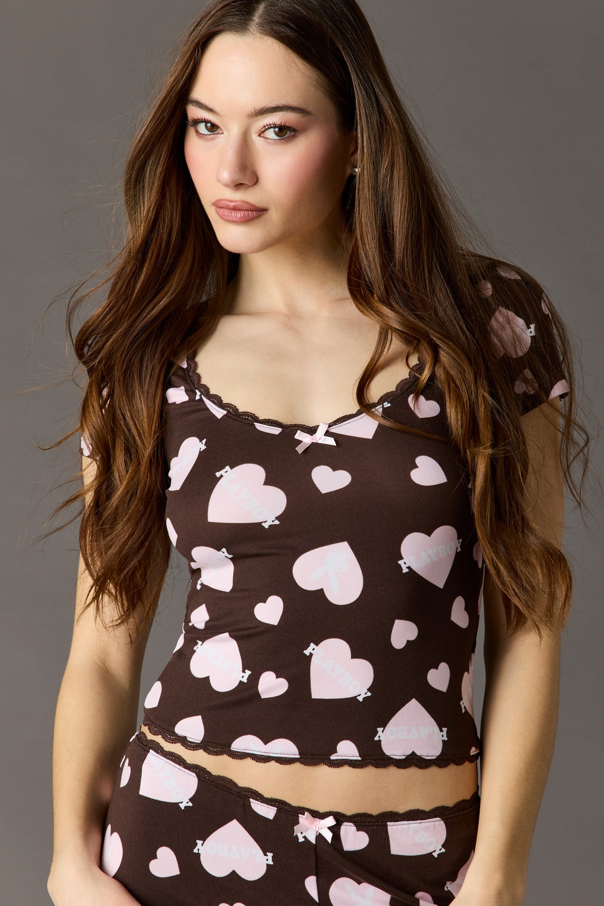 Alt View 2. Playboy Lace Trim T-Shirt & Pant Pajama Set - Brown