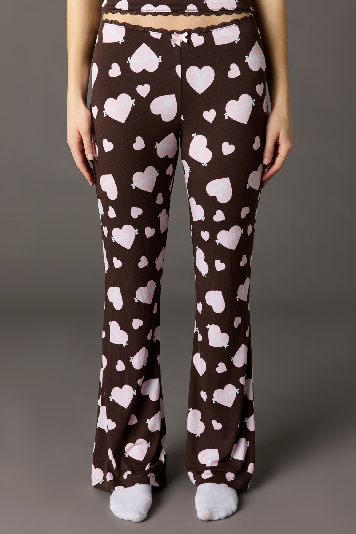 Alt View 3. Playboy Lace Trim T-Shirt & Pant Pajama Set - Brown