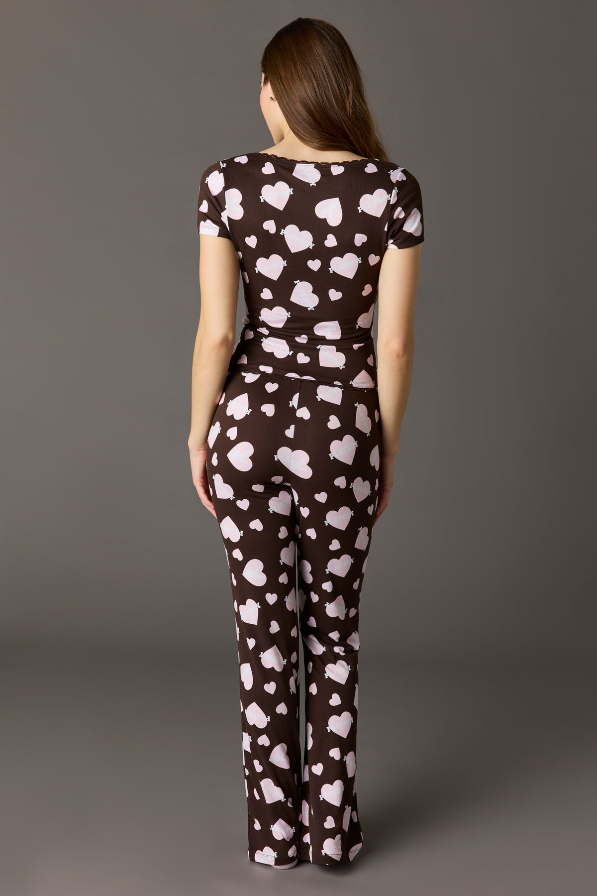 Alt View 4. Playboy Lace Trim T-Shirt & Pant Pajama Set - Brown