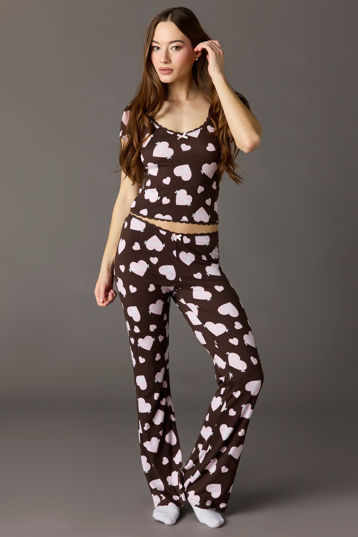 Playboy Lace Trim T-Shirt & Pant Pajama Set - Brown