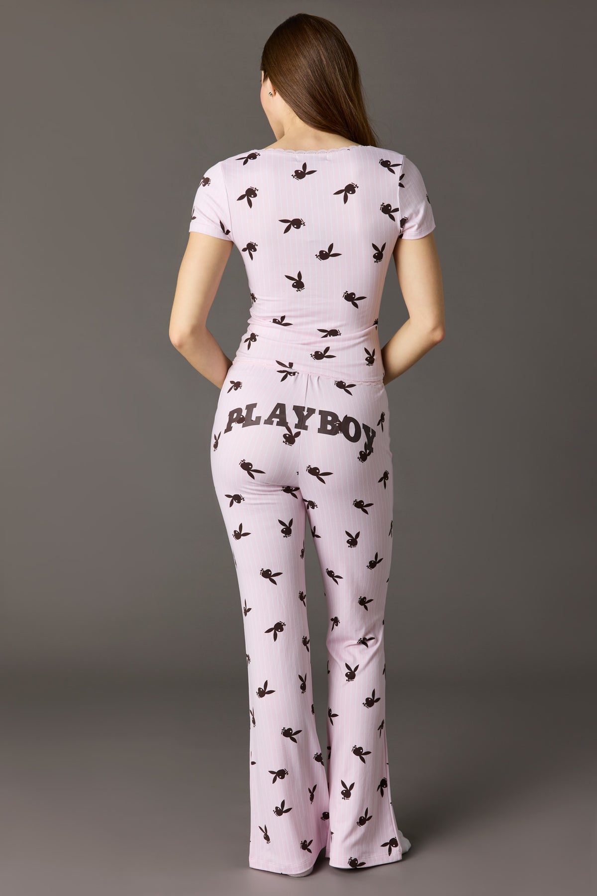 Alt View 4. Playboy Lace Trim T-Shirt & Pant Pajama Set - Pink