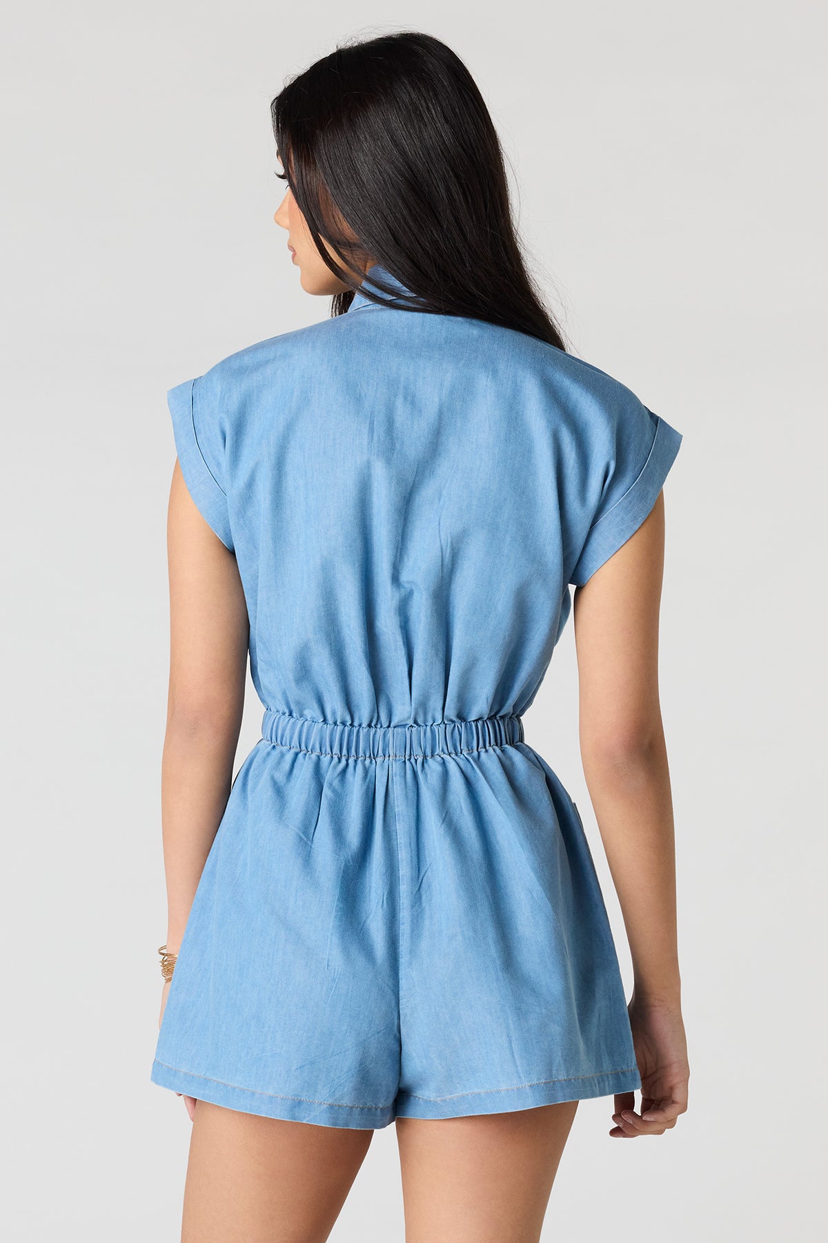 Alt View 2. Denim Button Front Tie Waist Romper - Light Denim Blue