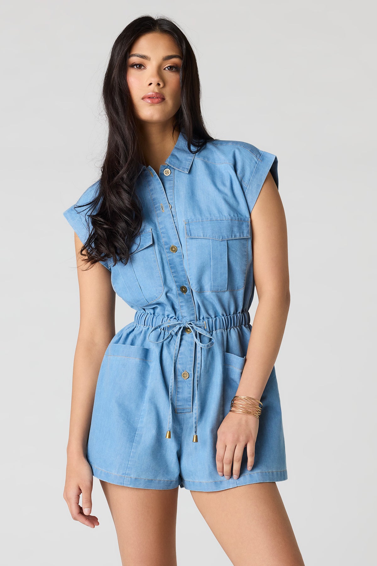 Denim Button Front Tie Waist Romper - Light Denim Blue
