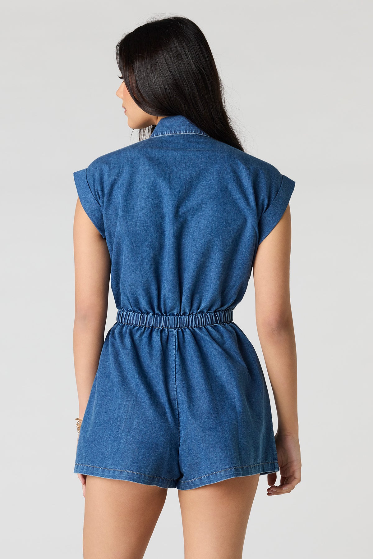Alt View 2. Denim Button Front Tie Waist Romper - Medium Blue