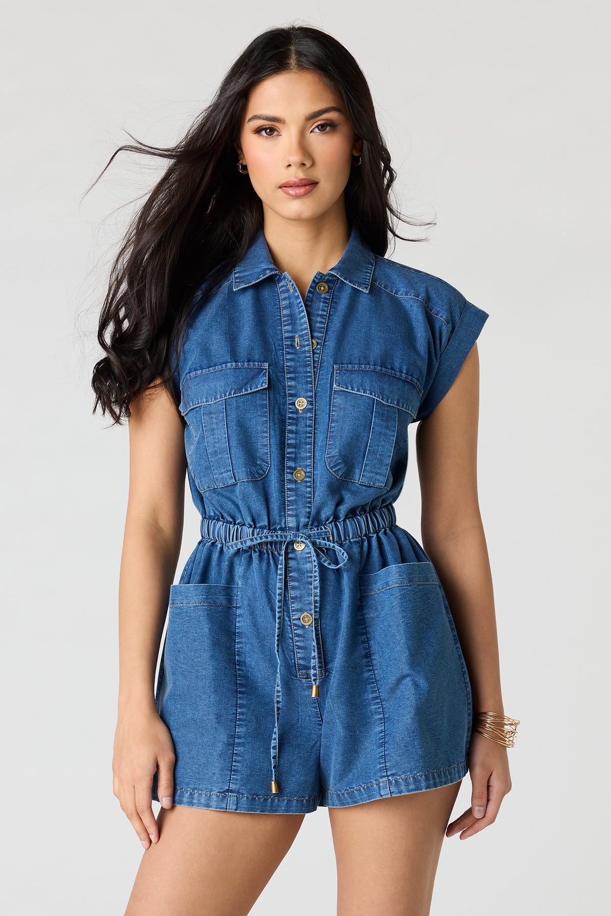 Alt View 4. Denim Button Front Tie Waist Romper - Medium Blue