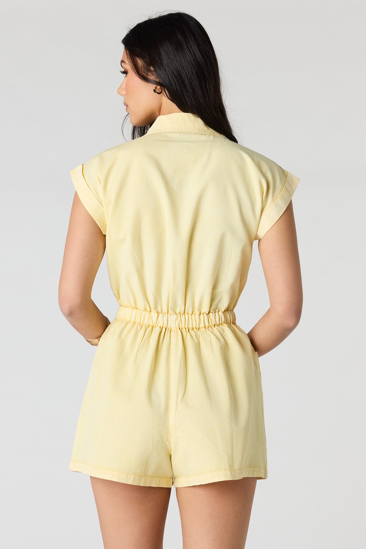 Alt View 2. Denim Button Front Tie Waist Romper - Yellow