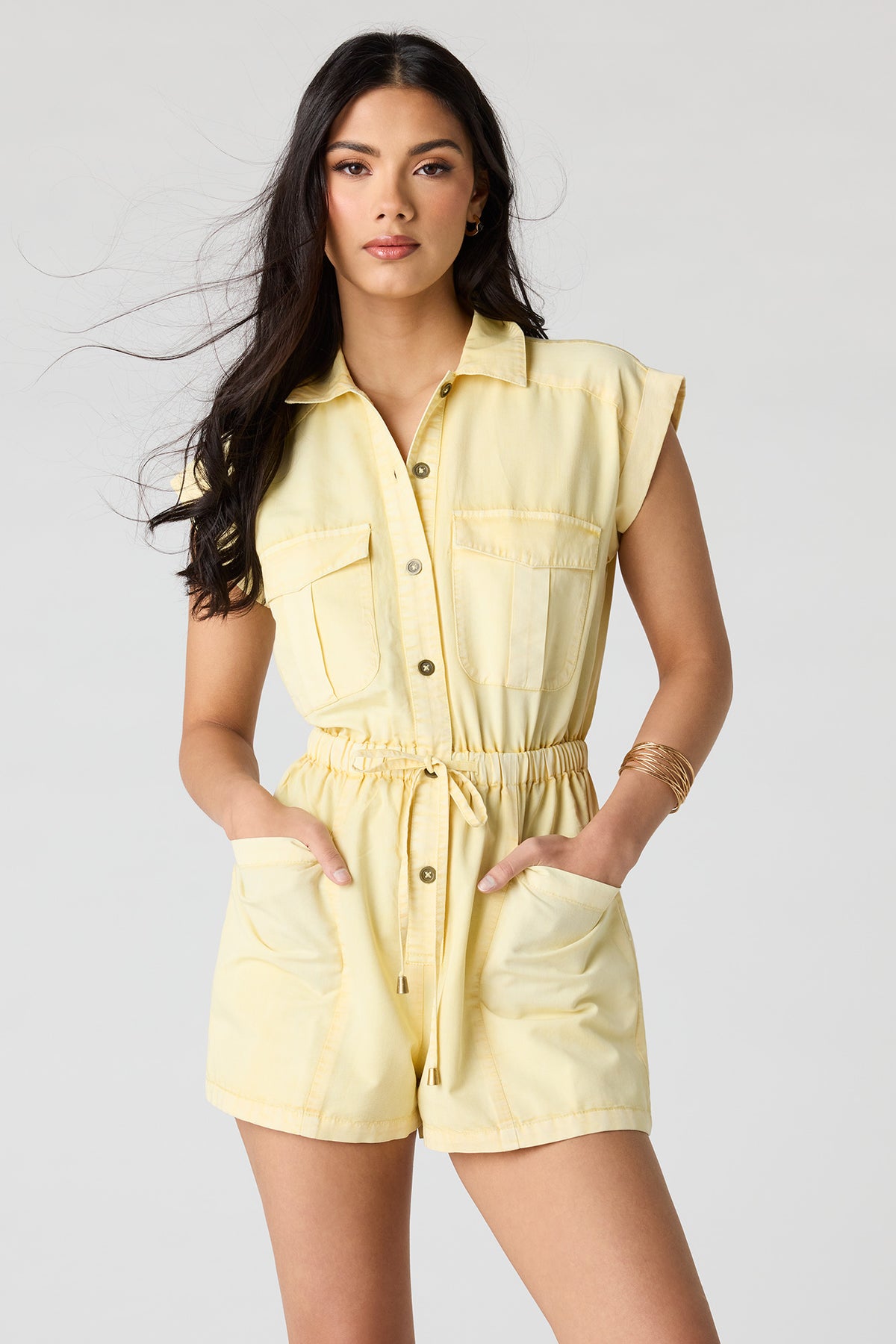 Denim Button Front Tie Waist Romper - Yellow