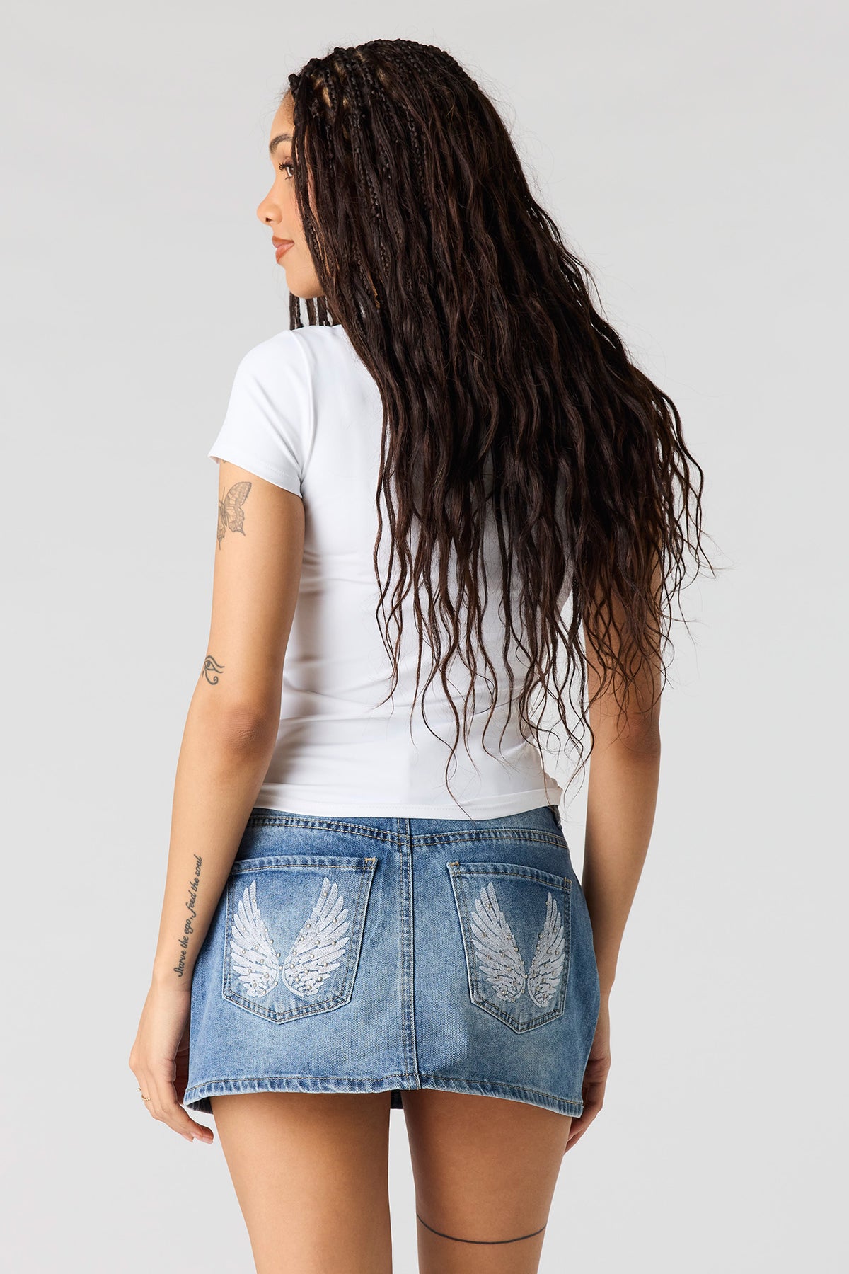 Low Rise Rhinestone Pocket Denim Skort - Medium Blue