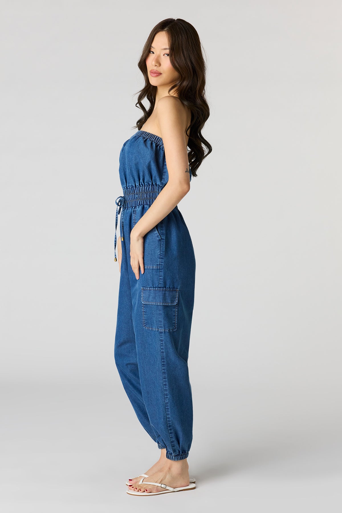 Alt View 2. Denim Tube Jumpsuit - Medium Blue