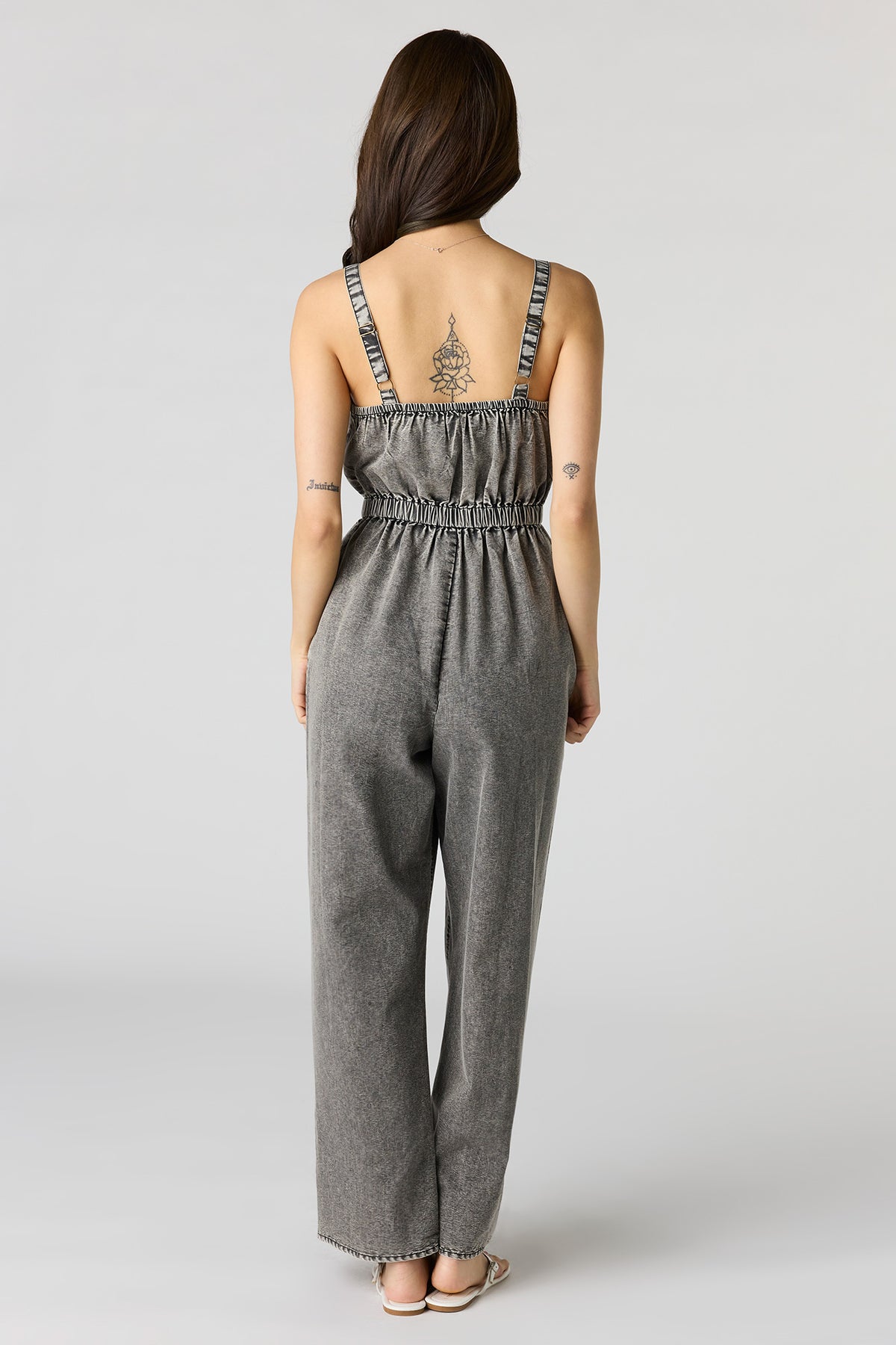 Alt View 3. Denim Button Front Jumpsuit - Dark Grey