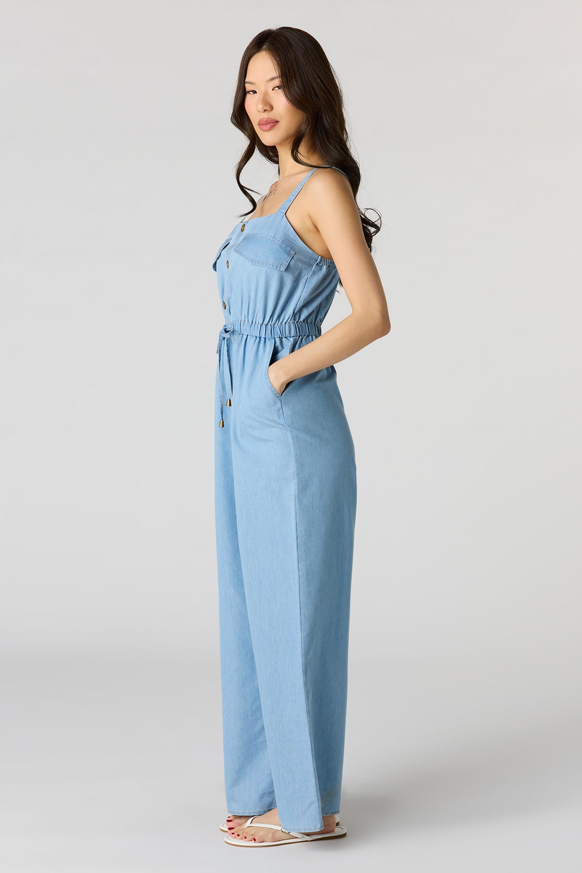 Alt View 2. Denim Button Front Jumpsuit - Light Denim Blue