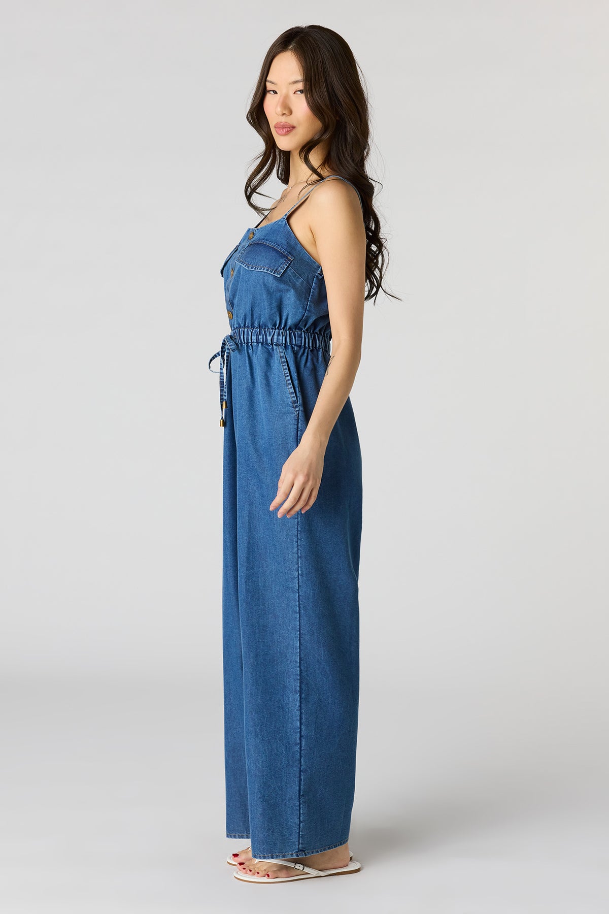 Alt View 2. Denim Button Front Jumpsuit - Medium Blue