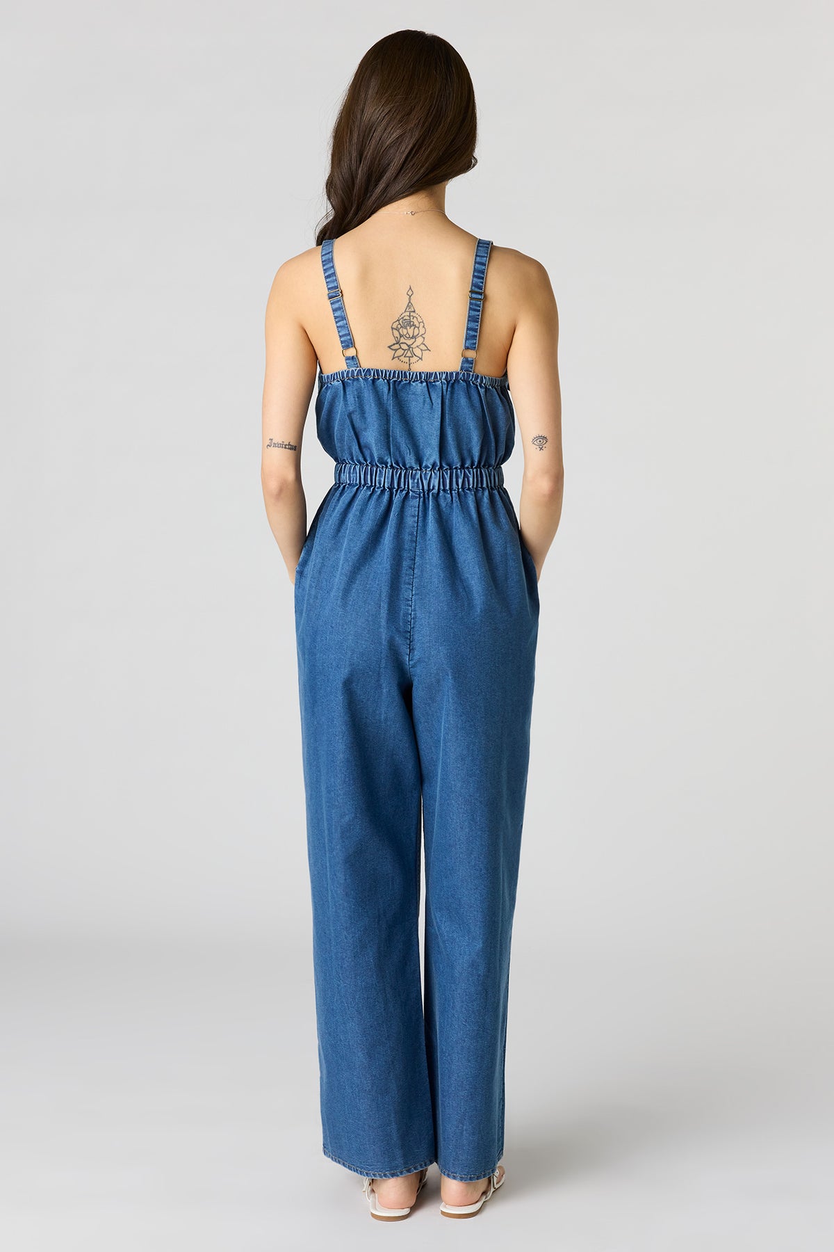 Alt View 3. Denim Button Front Jumpsuit - Medium Blue