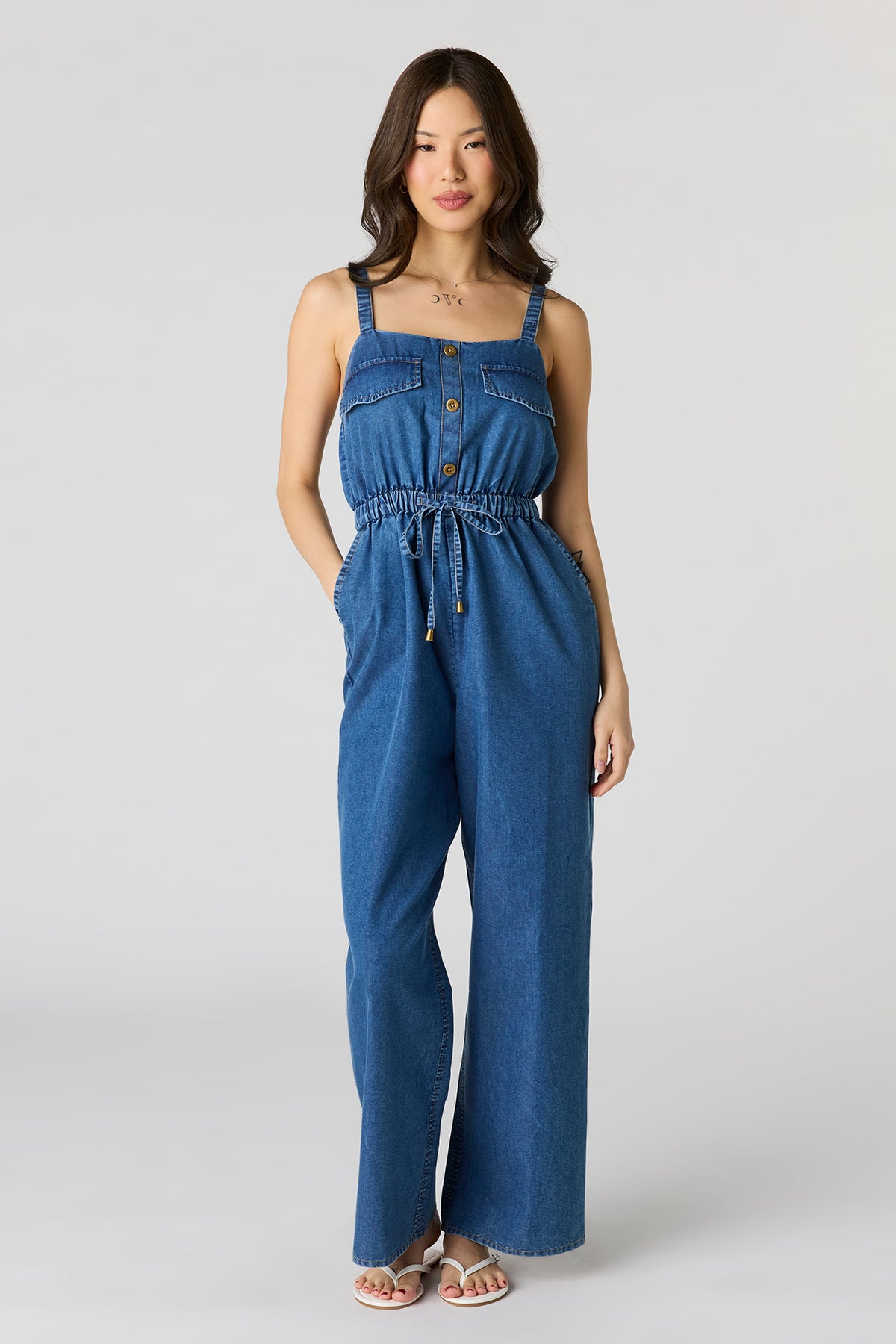 Denim Button Front Jumpsuit - Medium Blue