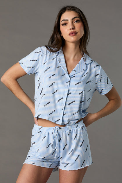 Playboy Striped Print Button-Up Top and Short Pajama Set