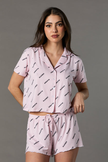 Playboy Striped Print Button-Up Top and Short Pajama Set