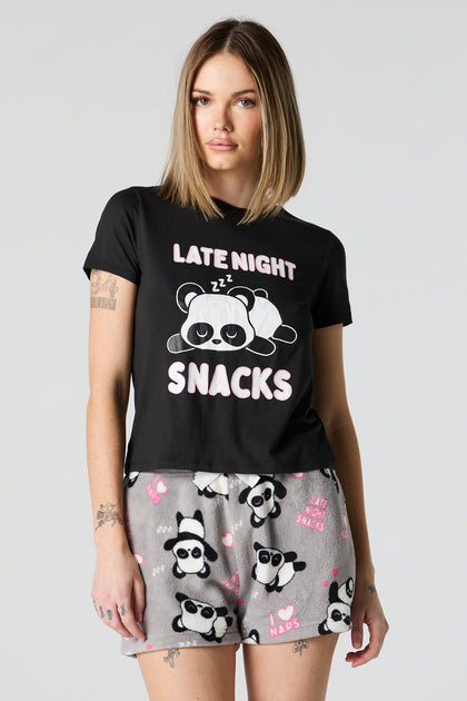 Panda Graphic T-Shirt and Plush Short 2 Piece Pajama Set