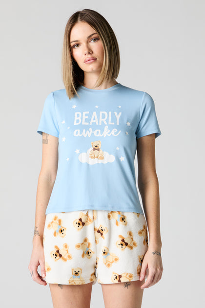 Ensemble pyjama avec t-shirt et short en peluche à imprimé Bearly Awake