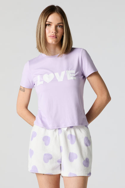 Ensemble pyjama avec t-shirt et short en peluche à imprimé LOVE