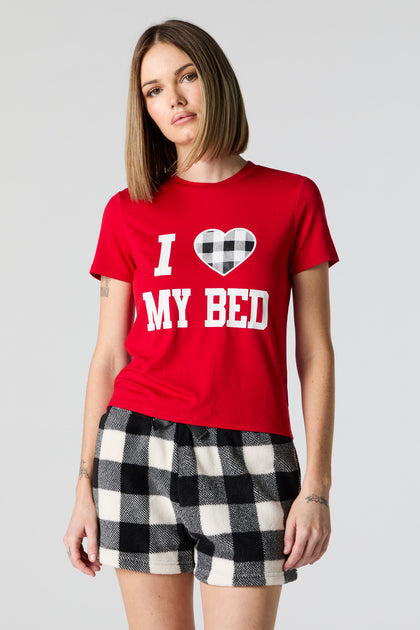Love My Bed Graphic T-Shirt and Plush Short 2 Piece Pajama Set