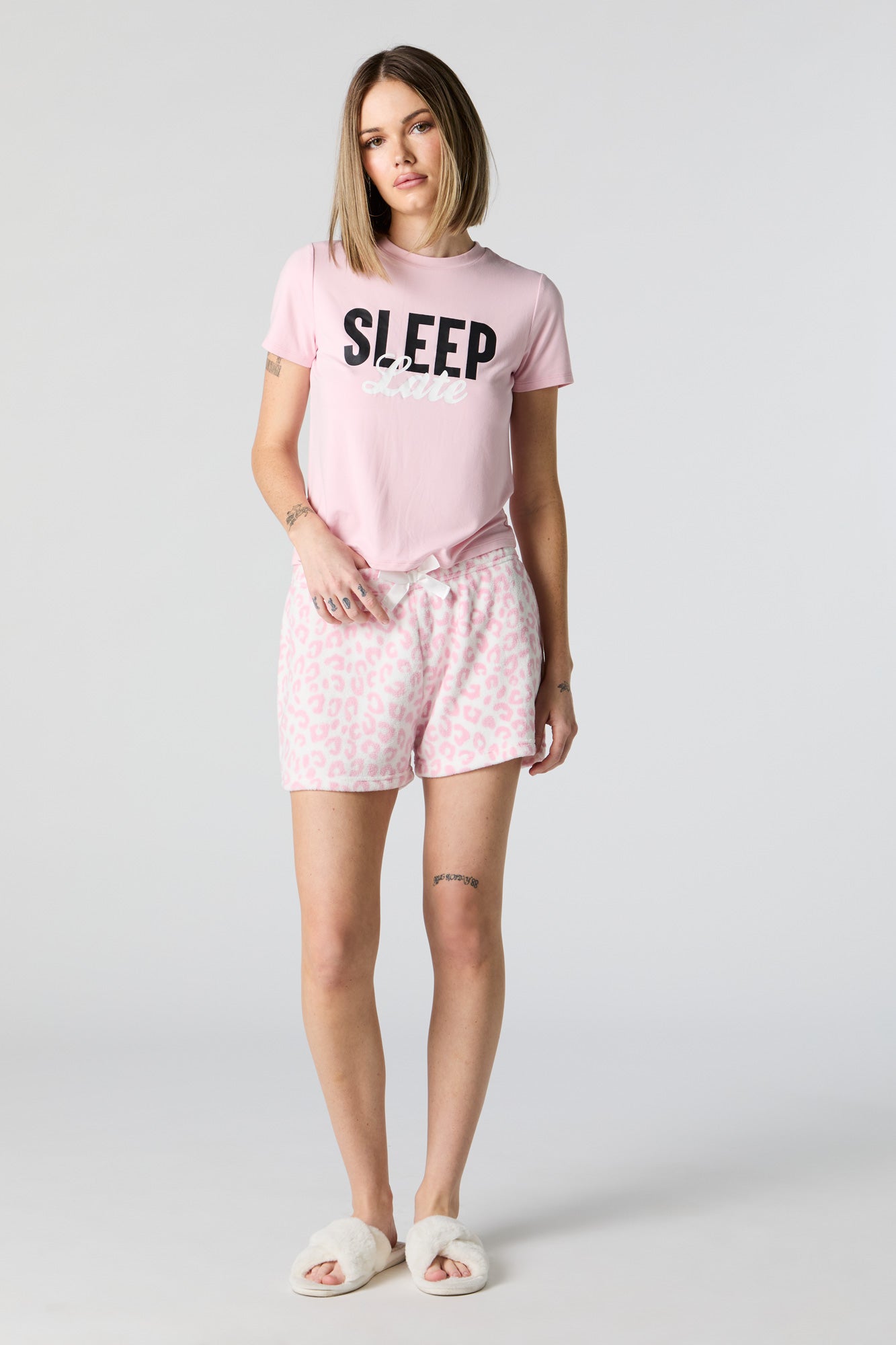 Sleep Late Graphic T-Shirt and Plush Short 2 Piece Pajama Set