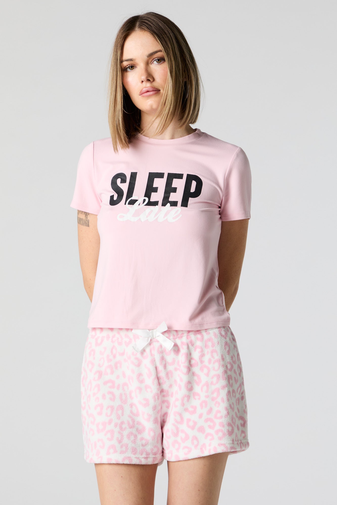 Sleep Late Graphic T-Shirt and Plush Short 2 Piece Pajama Set