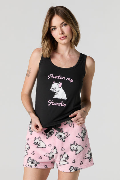 Frenchie Graphic Tank and Plush Short 2 Piece Pajama Set