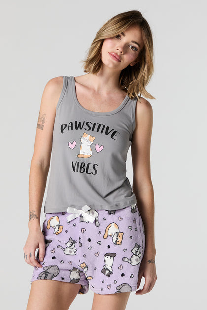 Kitty Graphic Tank and Plush Short 2 Piece Pajama Set