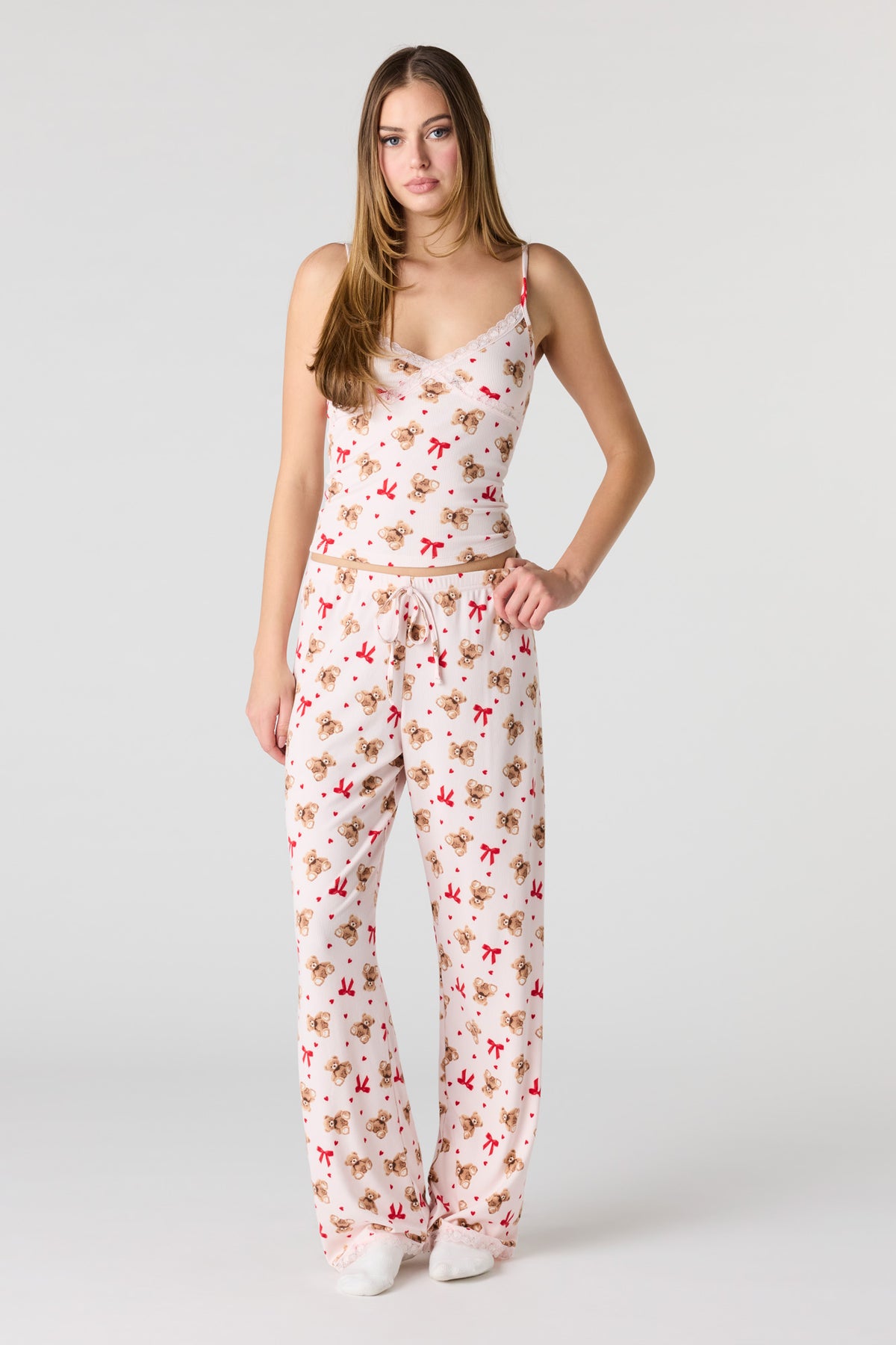 Ensemble pyjama avec débardeur côtelé à liséré de dentelle et pantalon