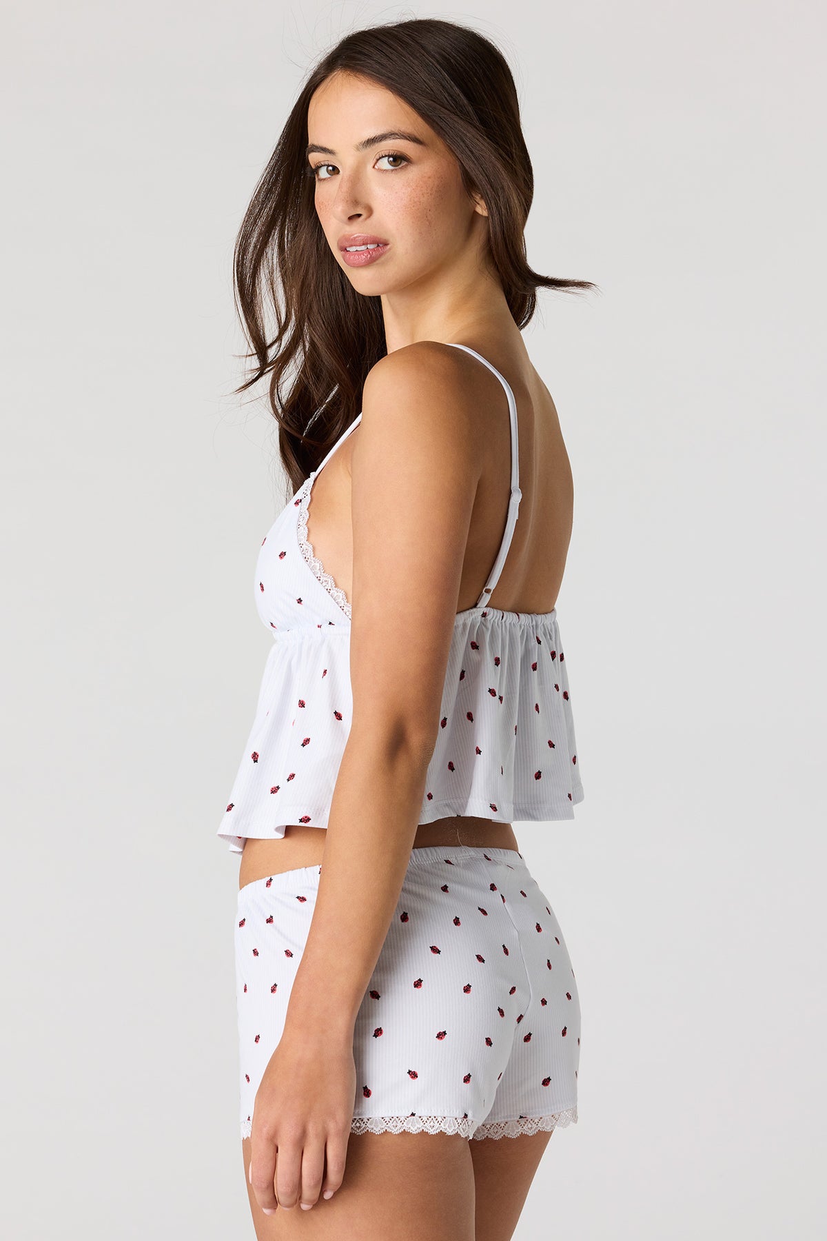 Alt View 2. Lace Trim Babydoll Tank & Short Pajama Set - Red