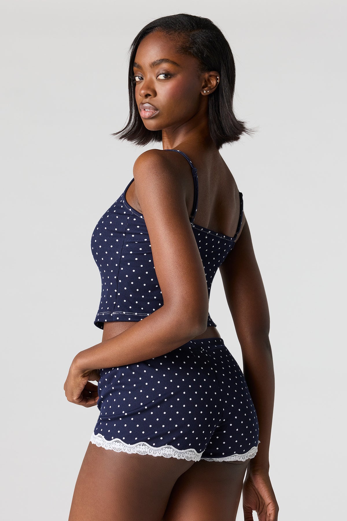 Alt View 2. Ribbed Lace Trim Tank & Short Pajama Set - Dark Blue