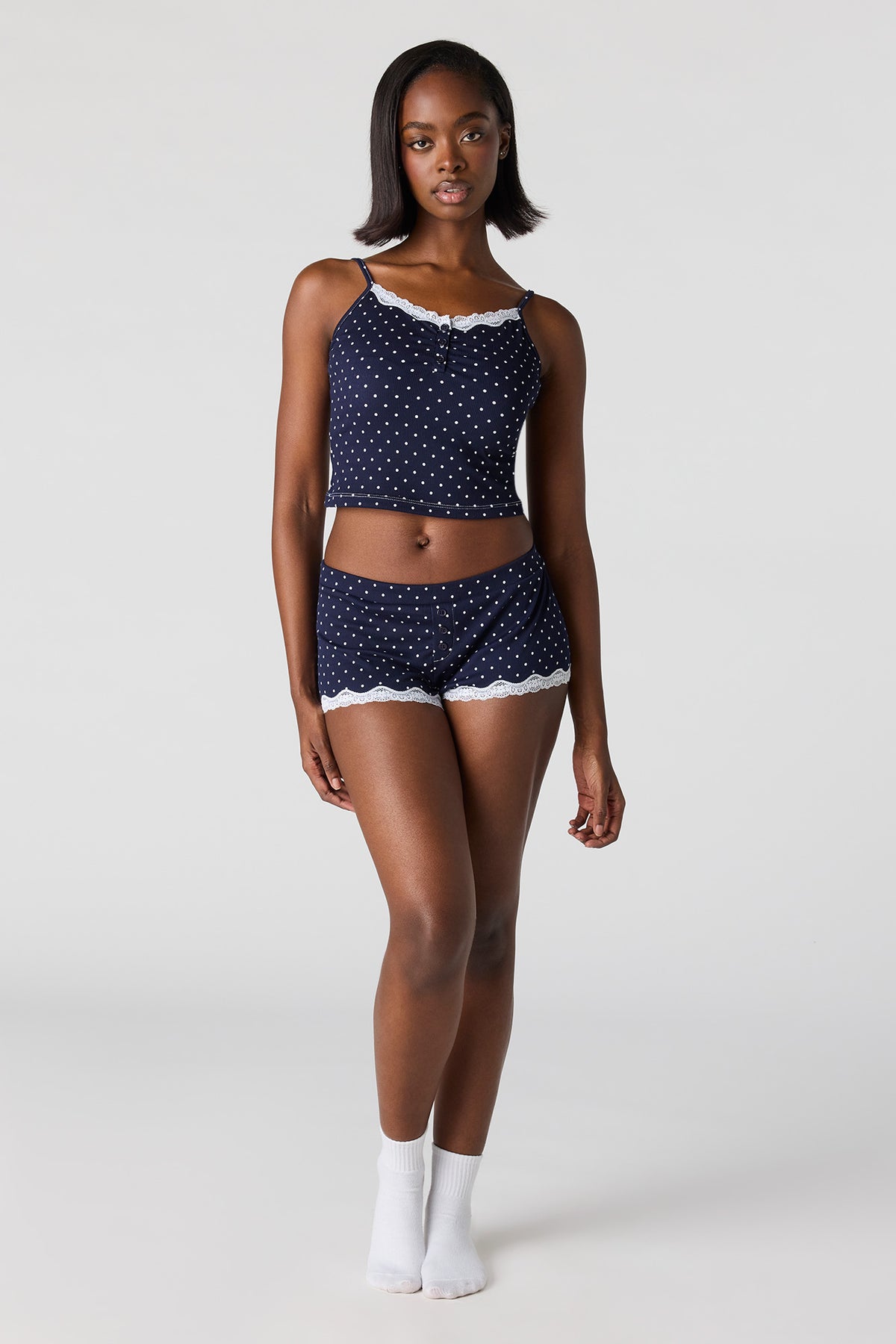 Alt View 3. Ribbed Lace Trim Tank & Short Pajama Set - Dark Blue