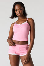 Ribbed Lace Trim Tank & Short Pajama Set