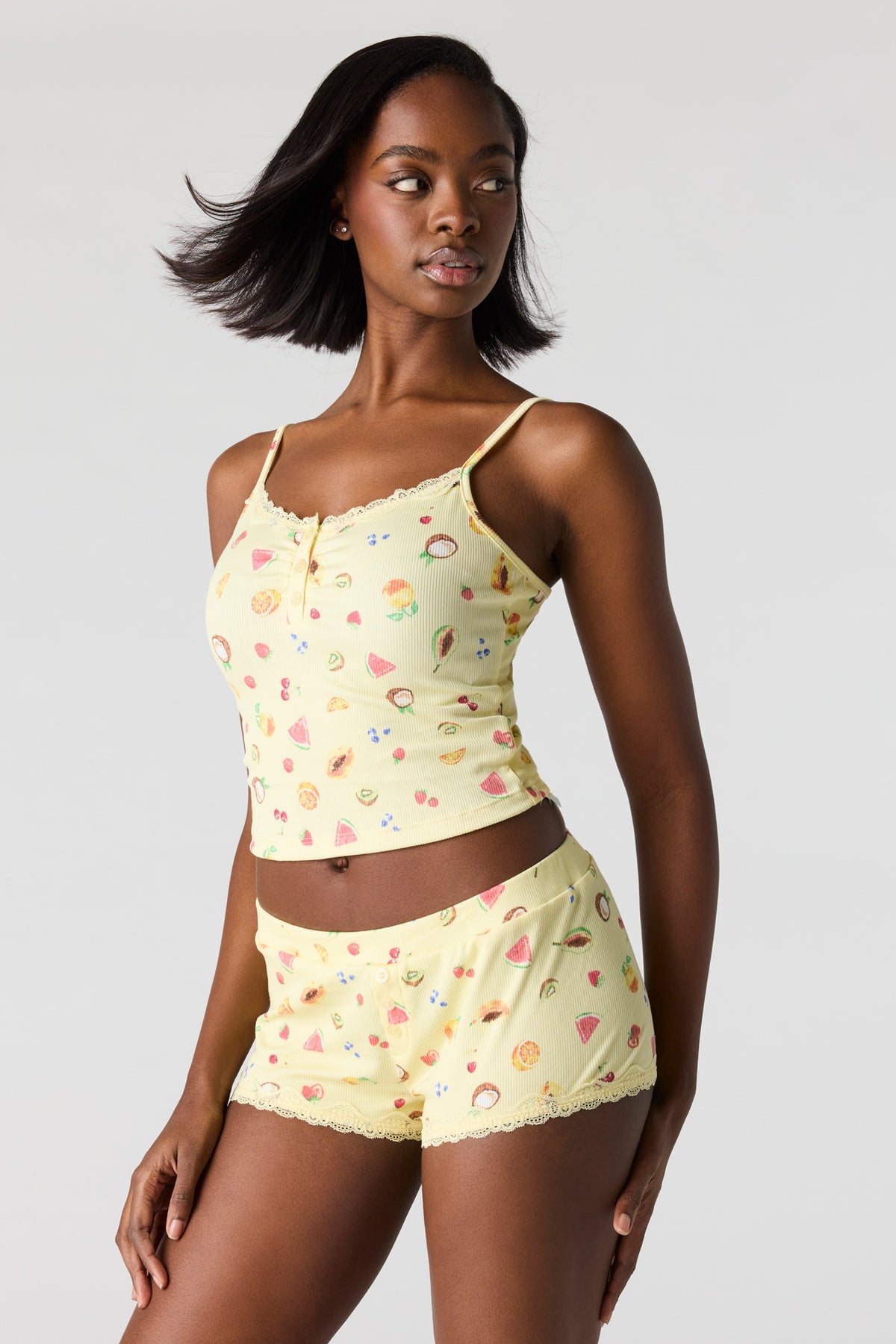 Ribbed Lace Trim Tank & Short Pajama Set - Yellow