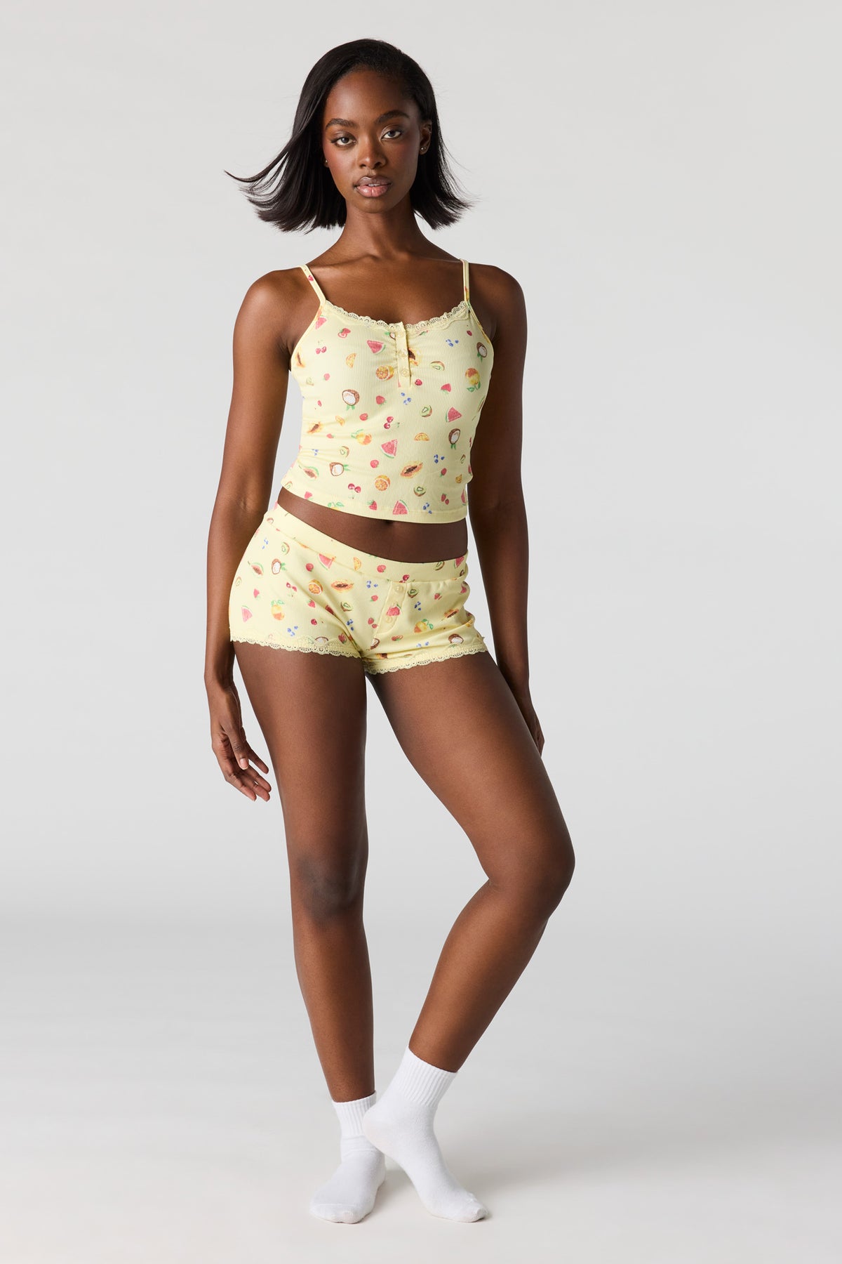 Alt View 3. Ribbed Lace Trim Tank & Short Pajama Set - Yellow