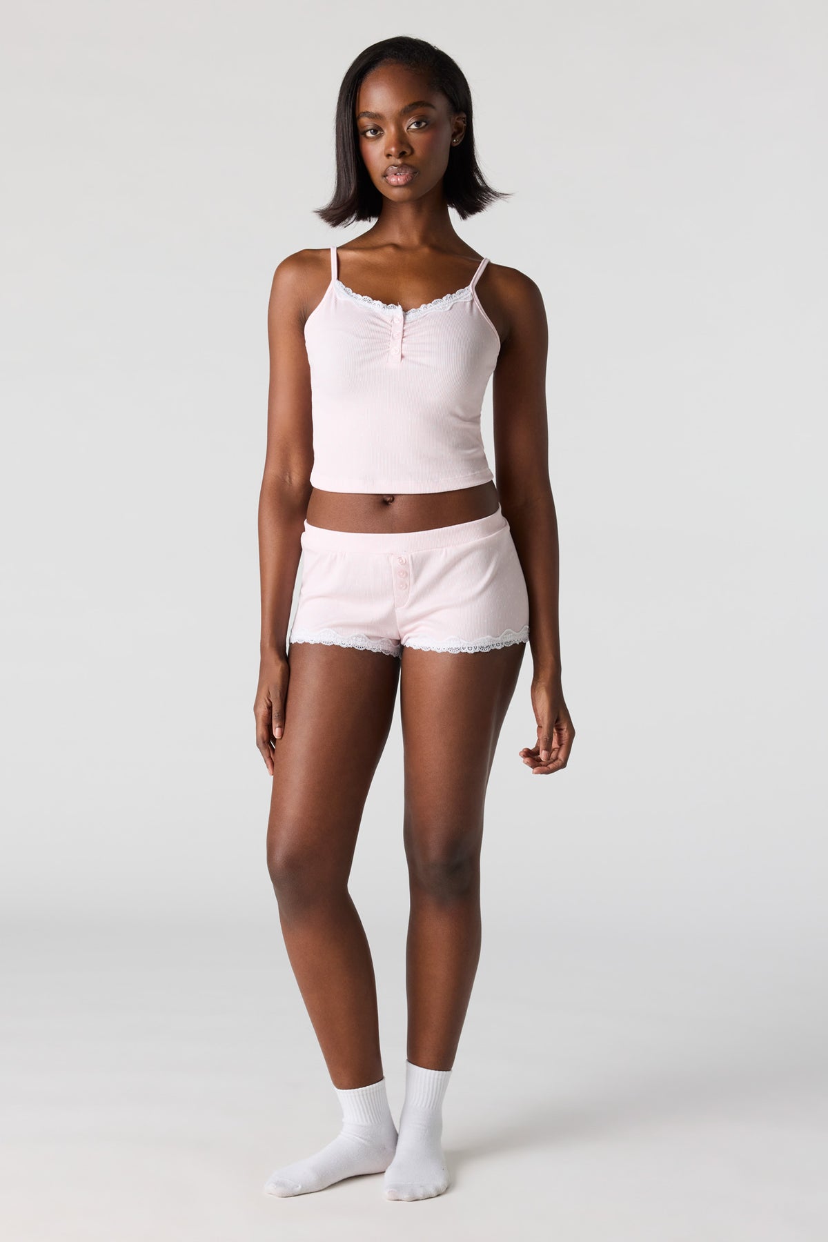 Alt View 3. Ribbed Lace Trim Tank & Short Pajama Set - Light Pink