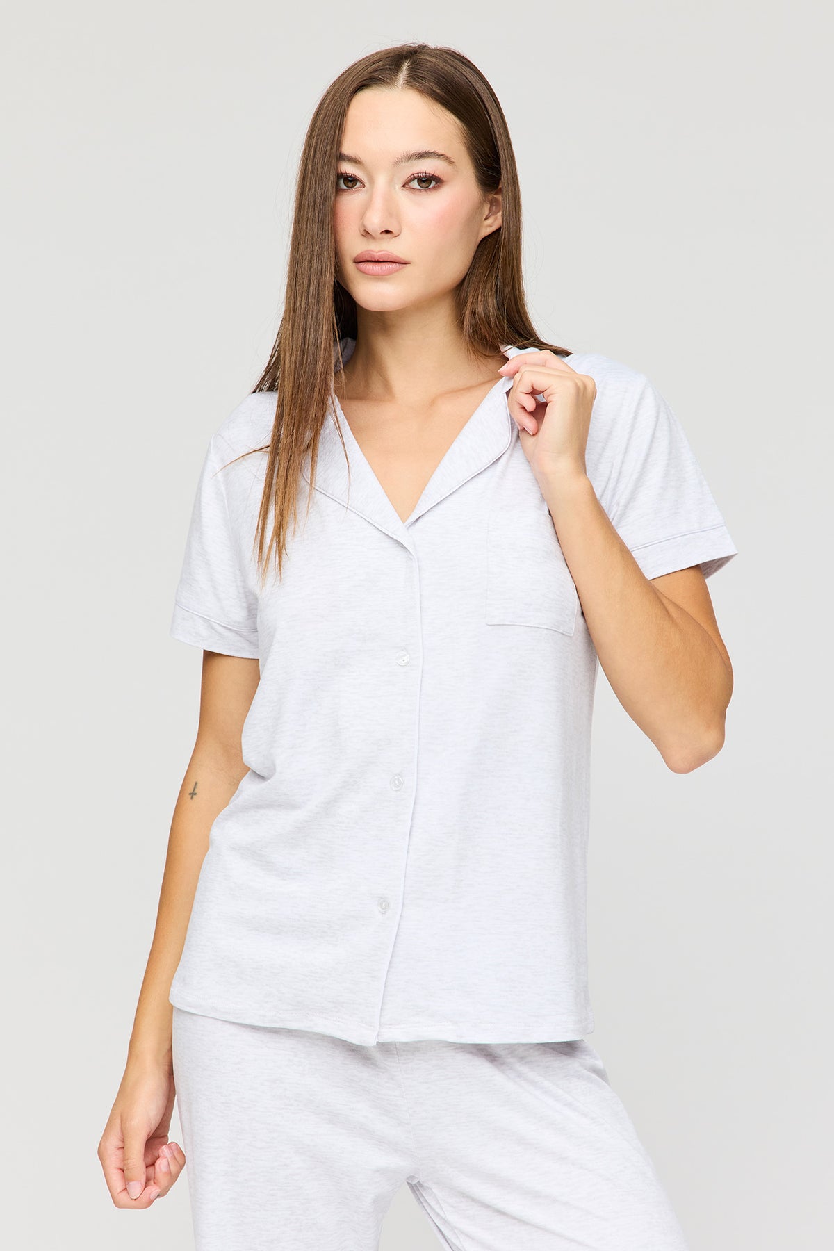 Alt View 2. Button Up Short Sleeve Top & Pant Pajama Set - Light Grey