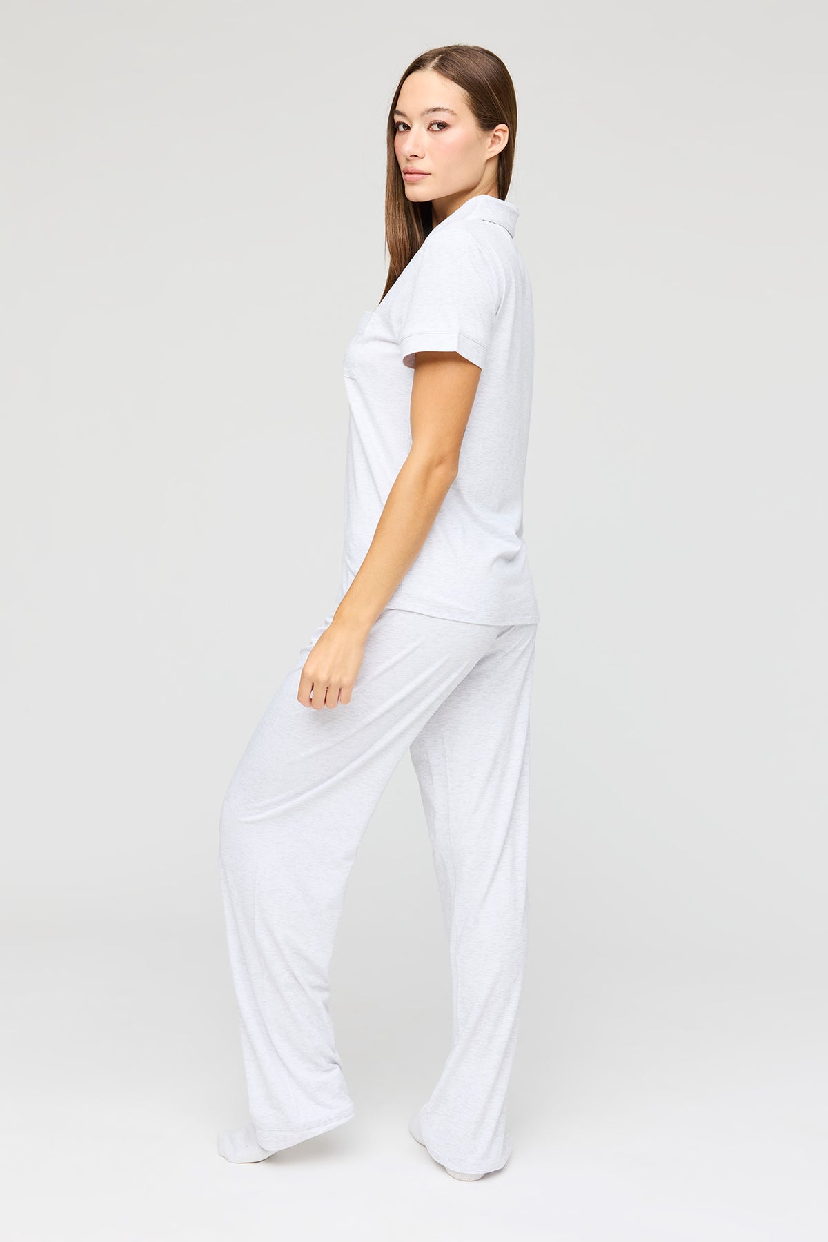 Alt View 4. Button Up Short Sleeve Top & Pant Pajama Set - Light Grey
