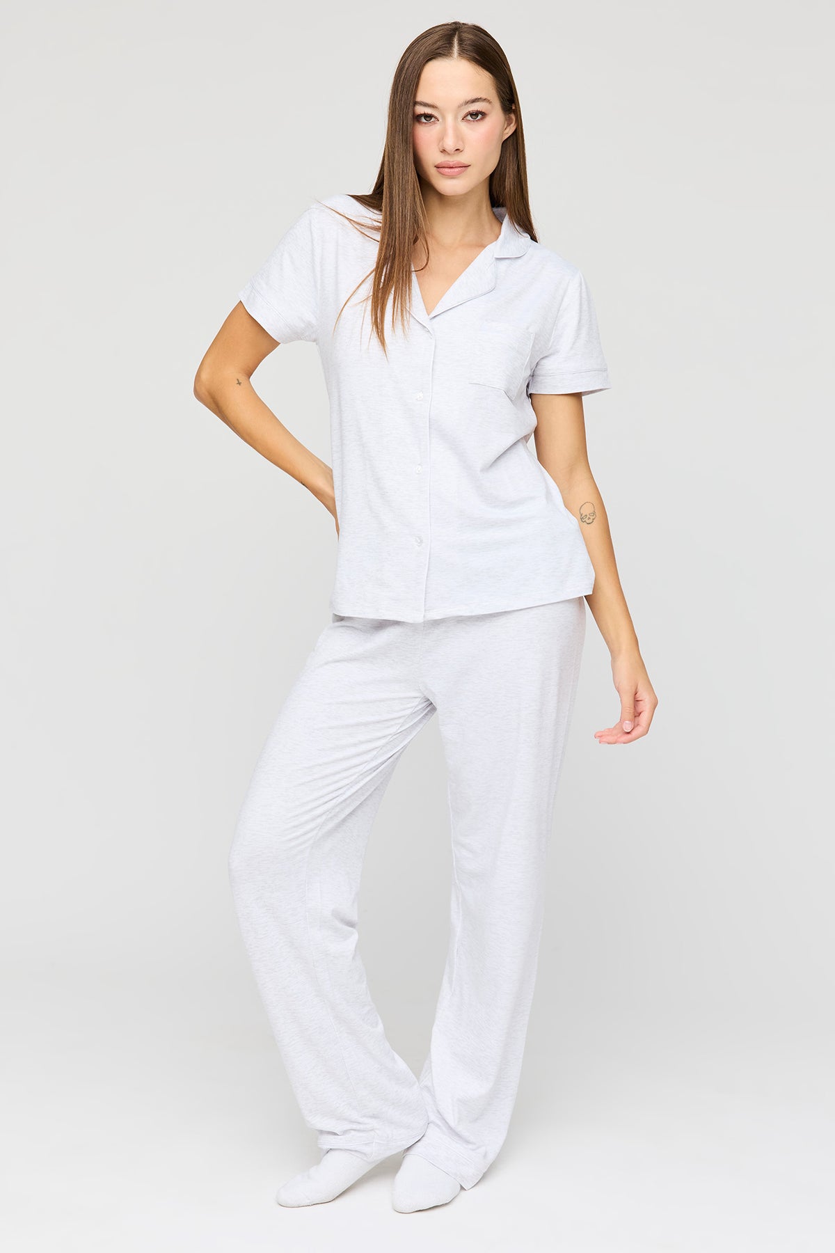 Button Up Short Sleeve Top & Pant Pajama Set - Light Grey