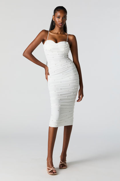 Pearl Ruched Bustier Midi Dress