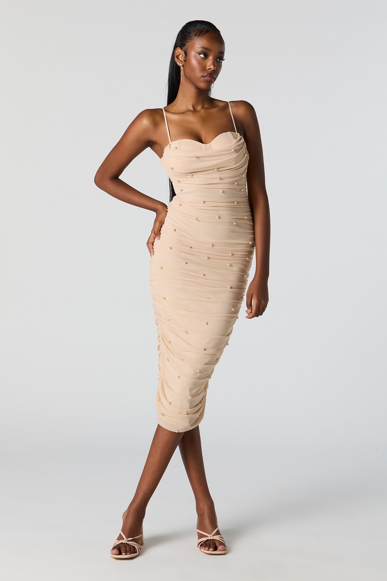 Pearl Ruched Bustier Midi Dress
