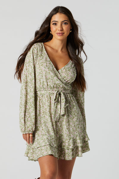 Green Floral Surplice Front Tie Mini Dress – Urban Planet