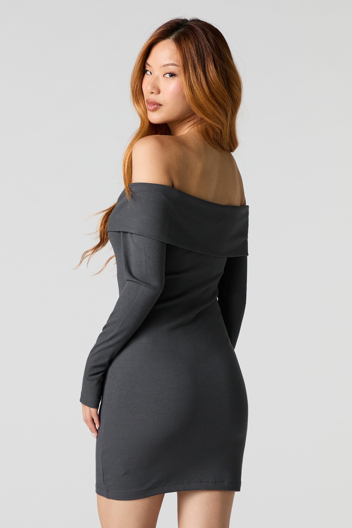 Ribbed Off Shoulder Long Sleeve Mini Dress – Urban Planet