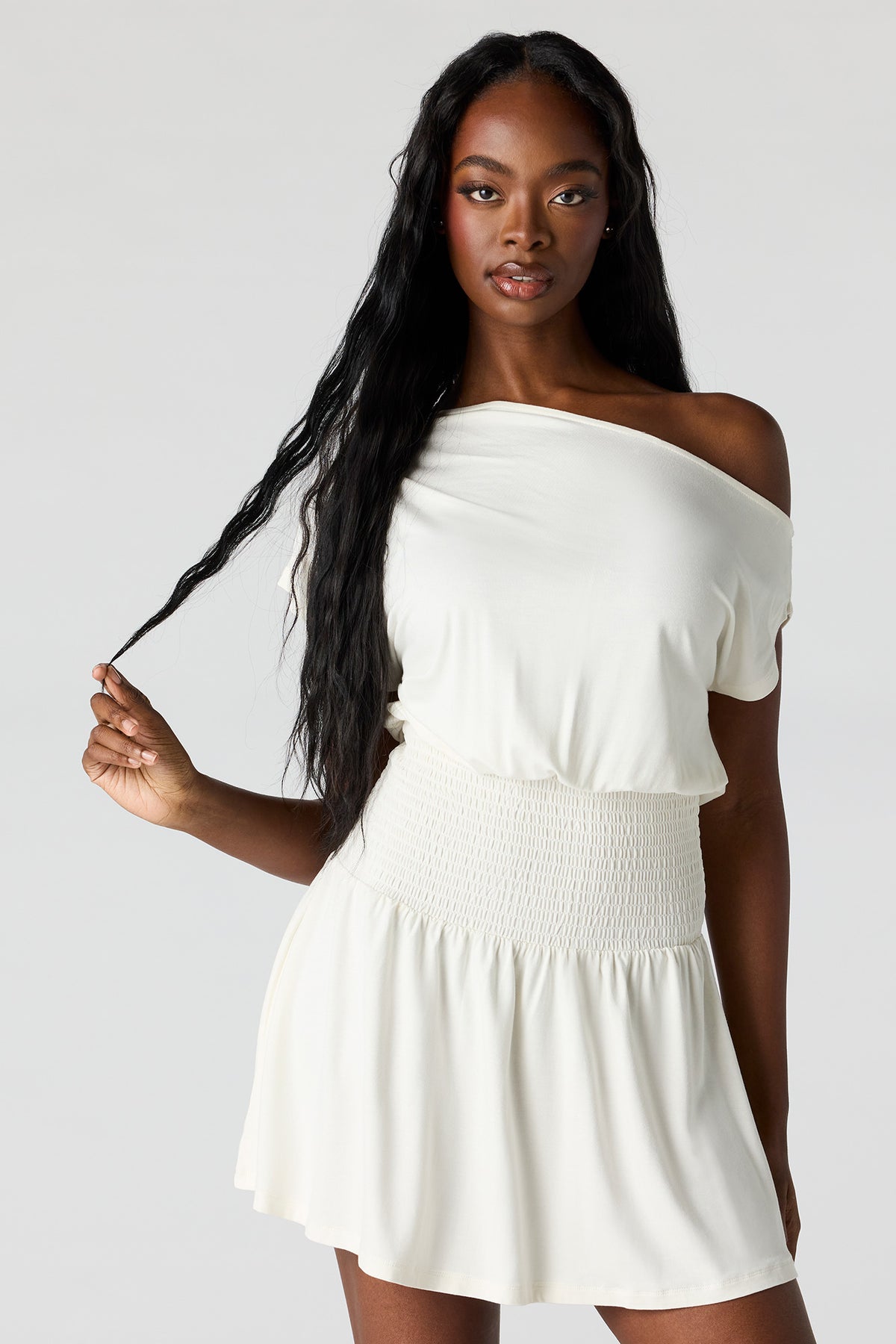 Off-Shoulder Smocked Waist Mini Dress – Urban Planet