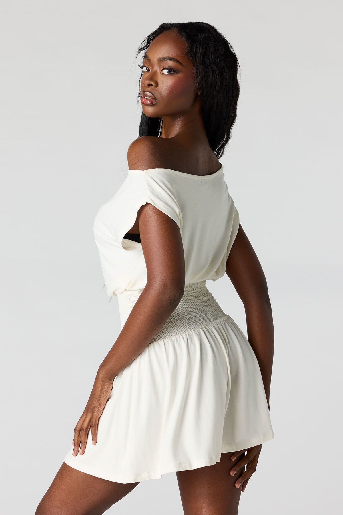 Off-Shoulder Smocked Waist Mini Dress – Urban Planet
