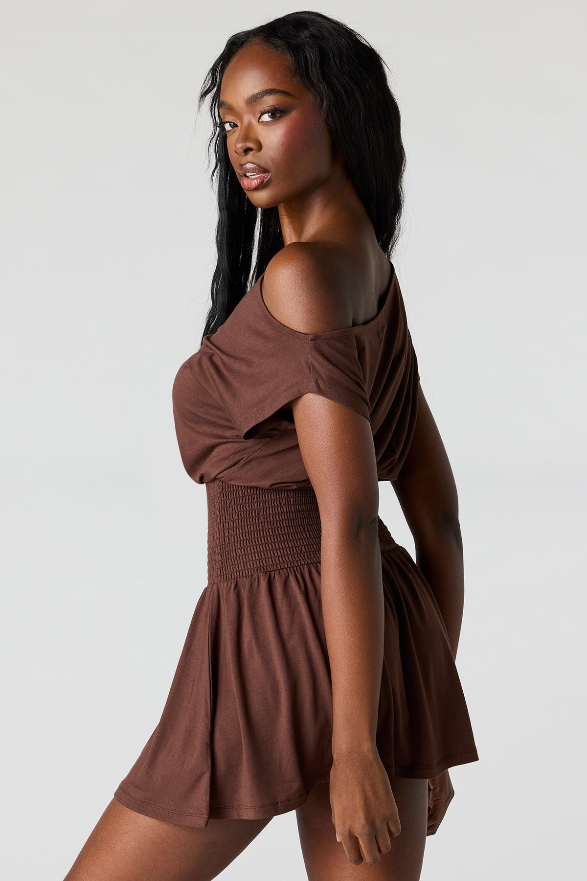Alt View 2. Off-Shoulder Smocked Waist Mini Dress - Brown
